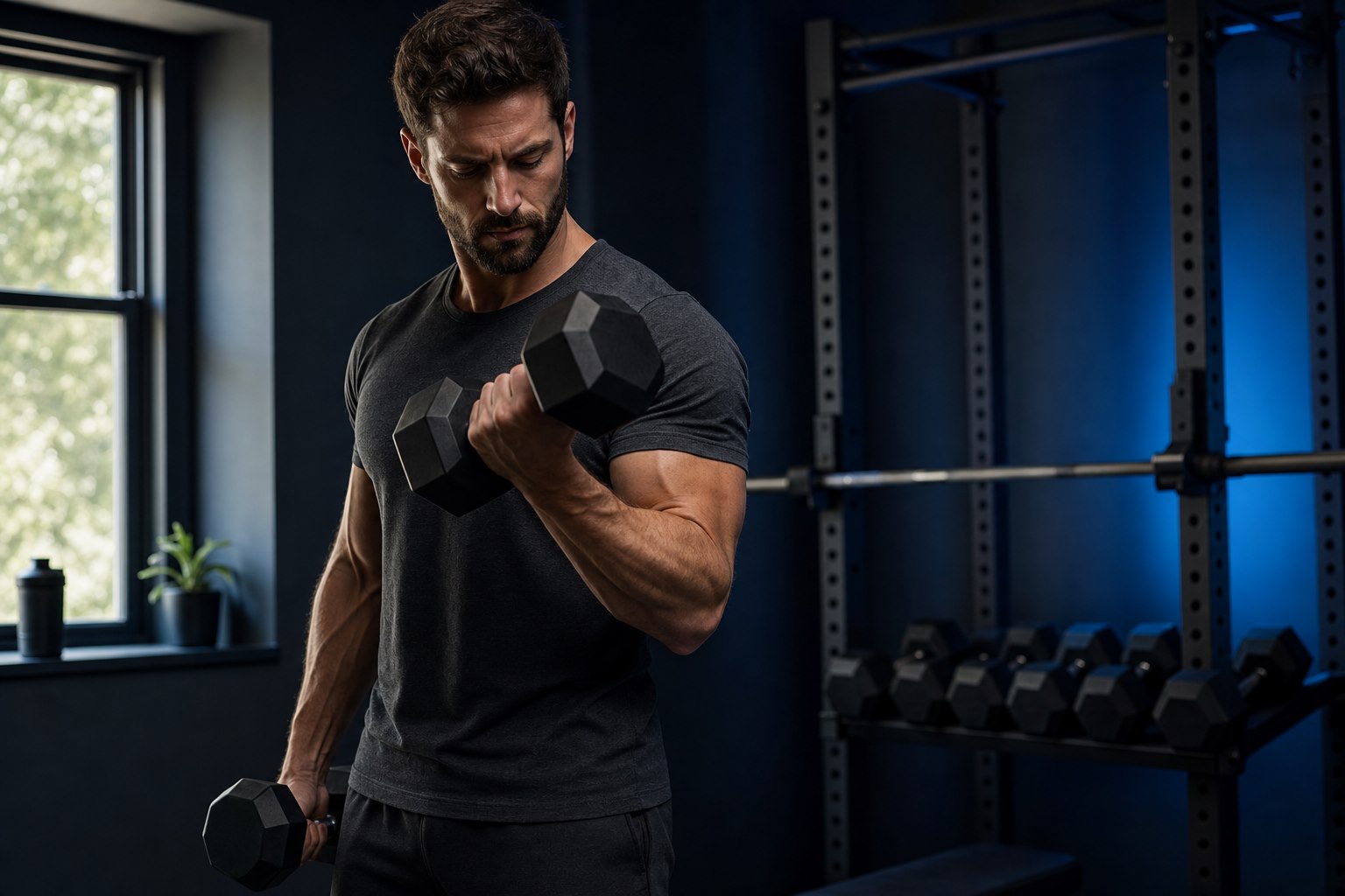 Man training with dumbbells in a home gym